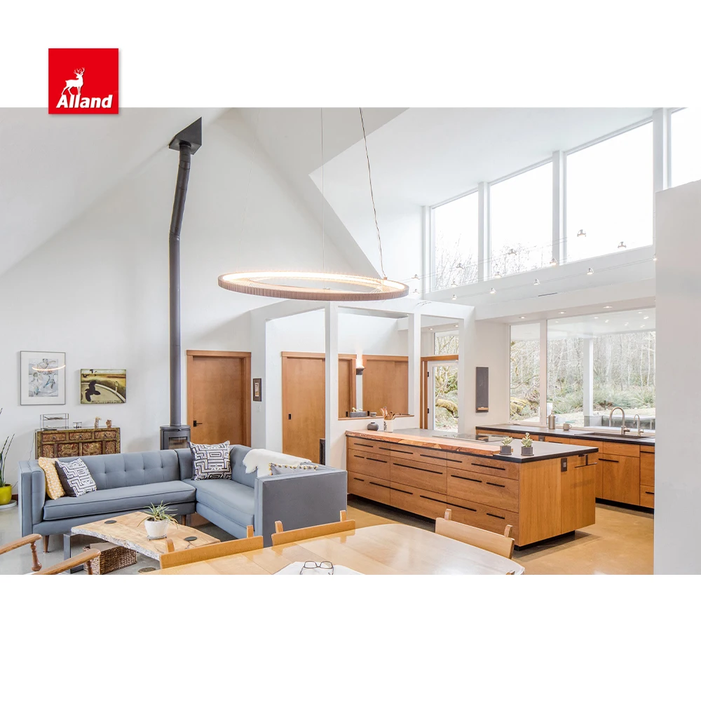 AllandCabinets Light Brown Custom Wooden Timber Veneer Finish Kitchen Cabinet with Flat Panel and a Wooden Countertop Island