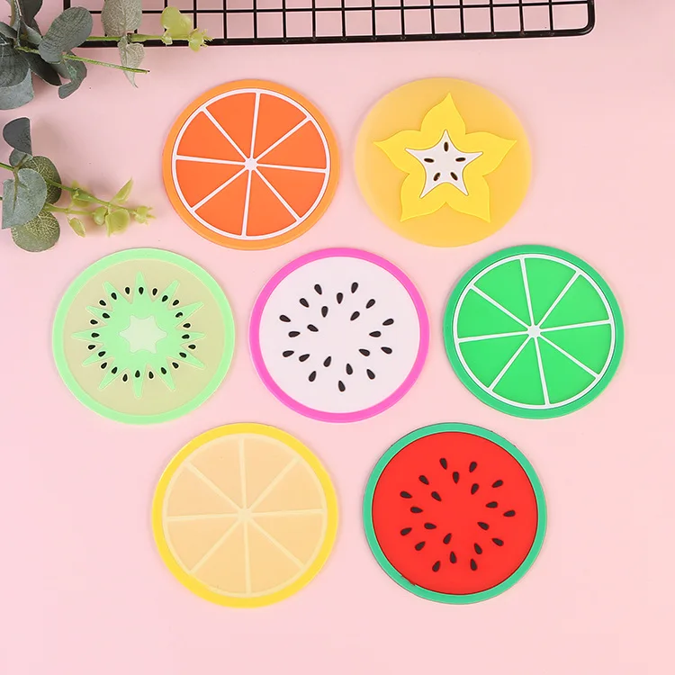 Eco-friendly cute cartoon fruit pattern candy color silicone rubber soft pvc drink cup coasters