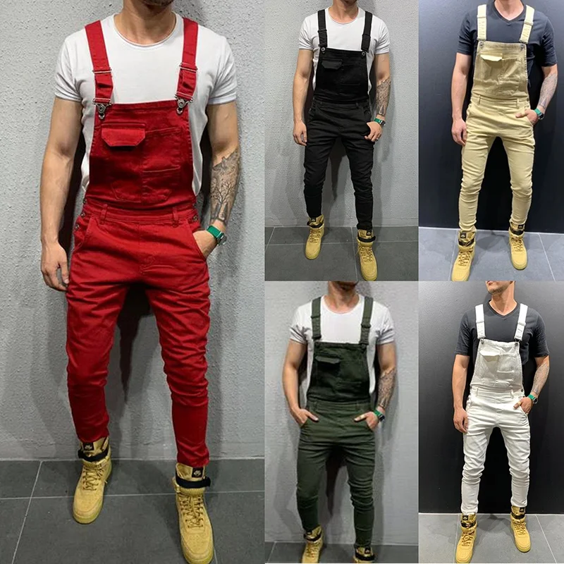 Mens Slim Fit Jeans Suspender Pants Denim Bib Overalls Work Coveralls Mechanic Jumpsuit Cargo Trousers Ripped Jeans