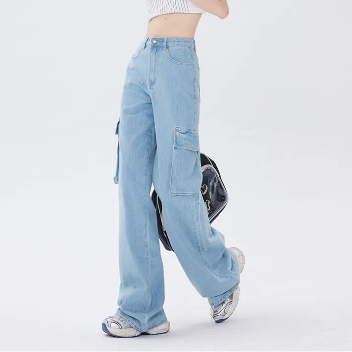 Изготовленные на заказ женские брюки-карго с несколькими карманами, повседневная мода, высокая талия, широкие женские джинсы-кар