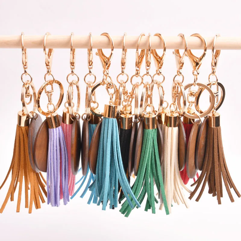 Colorful Silicone Wood Bead Wristlet Keychain Retro Bracelet Bangle Tassel Wristbands Keychain