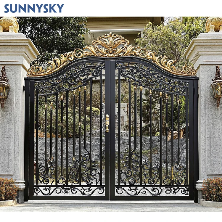 Sunnysky автоматический Дом Роскошный стальной забор ворота дизайн металла кованого железа двойные распашные подъездные