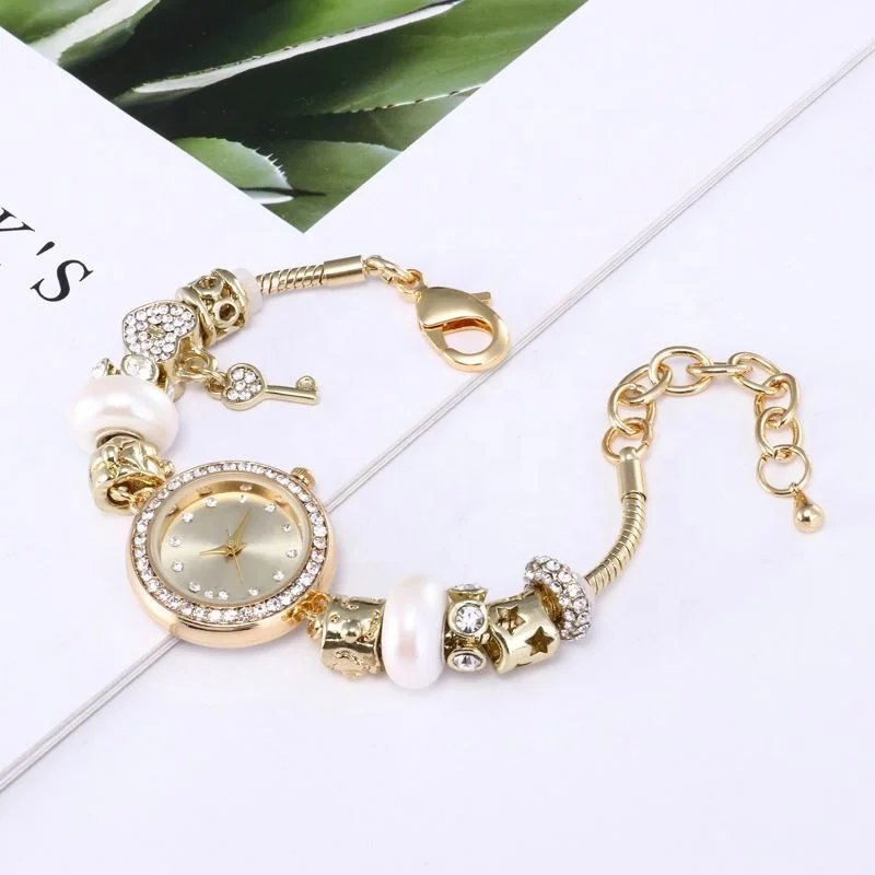 Best Selling Bead Charm Pave Diamond Adjustable Bracelet Quartz Watch For Women Girls