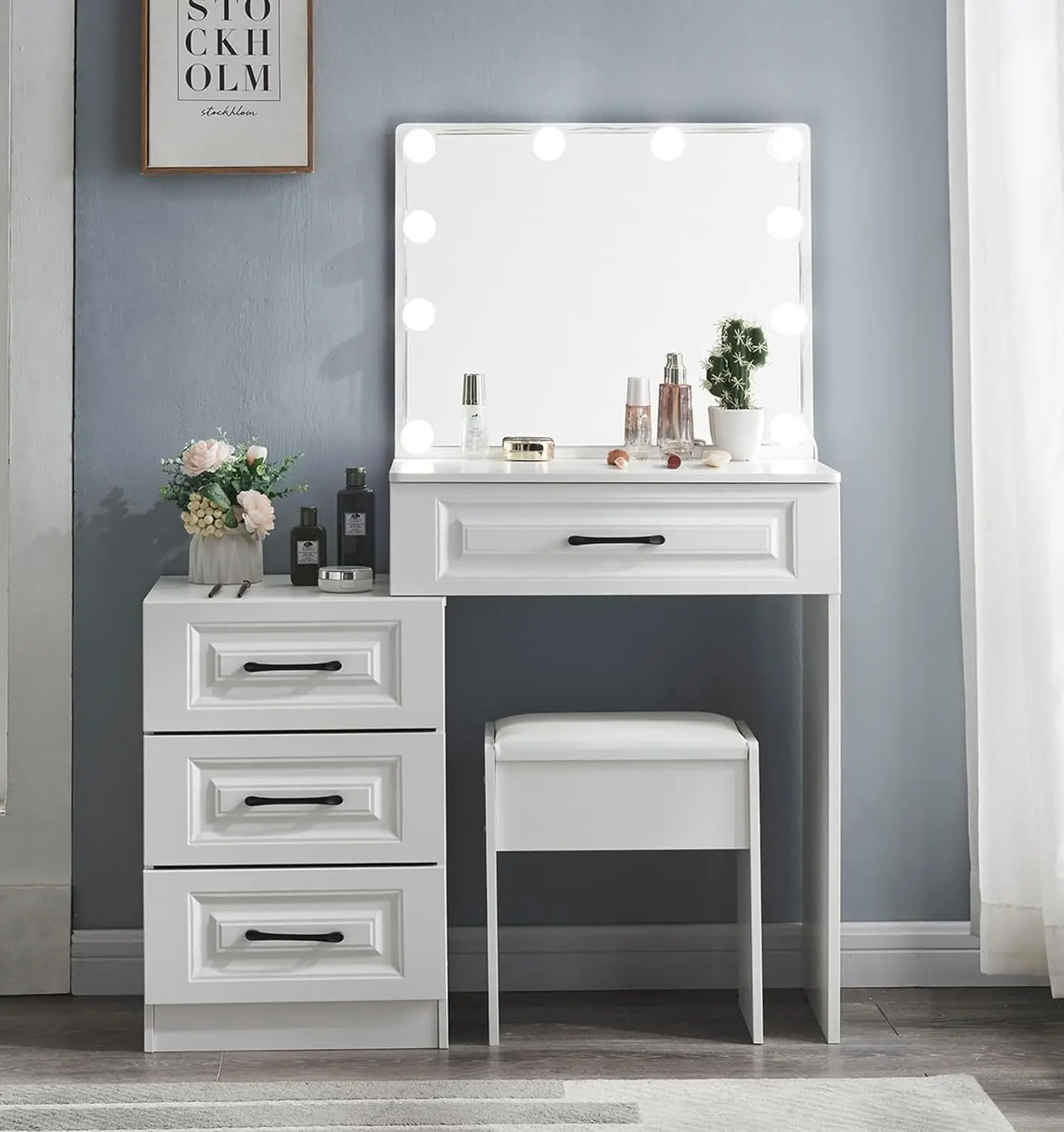 Vanity Table Set with Mirror, Makeup Vanity Table with 4 Drawer,  with Hollywood led light for Bedroom, White