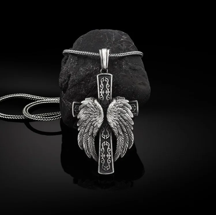 
 Христианские религиозные Иисуса Крест Мужские католические Ретро хип-хоп ангель крыло кулон ожерелье Amazon пользовательские ювелирные изделия  