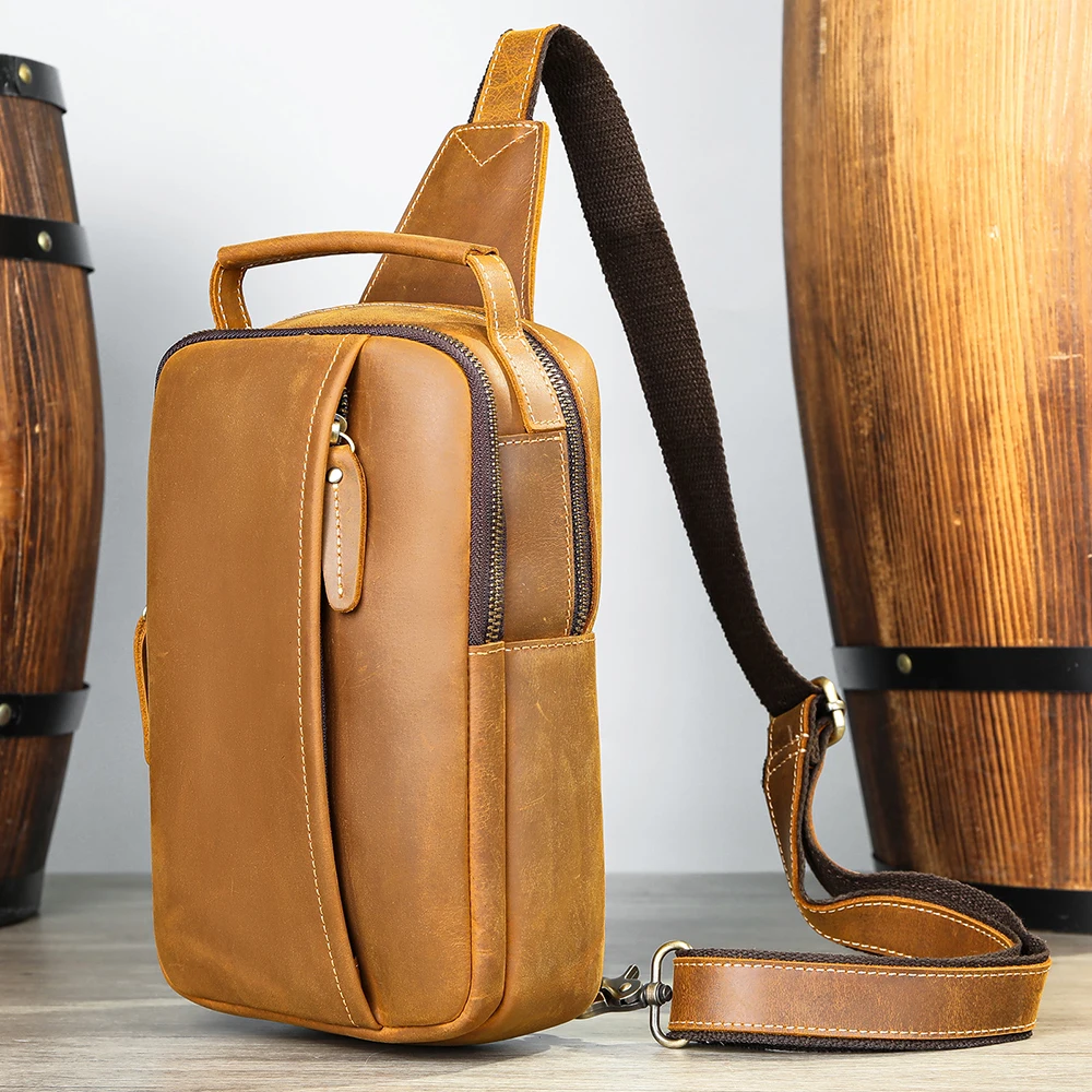 MARRANT Men Crazy Horse Genuine Leather Chest Sling Bag Waterproof Travel Sling Crossbody Shoulder Bag Men Leather Chest Bag