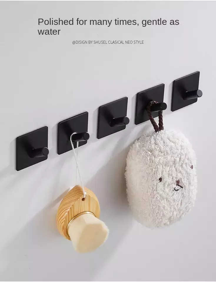 Free perforated black Hook wall mount 304 Stainless steel bathroom kitchen hook hanger behind the door sticky hook