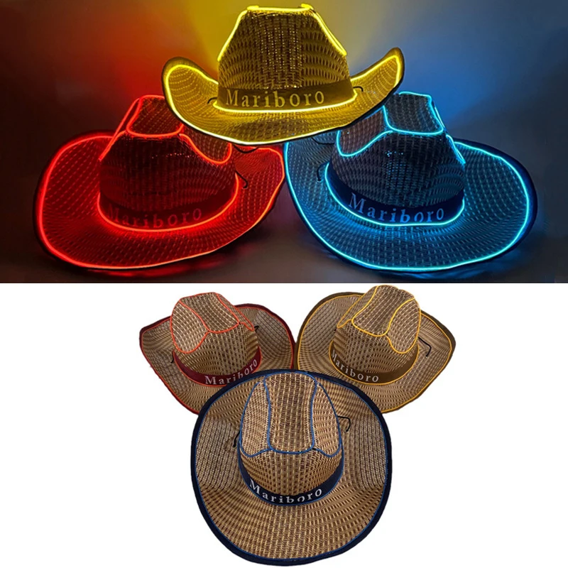 Halloween Carnival Party Led Flashing Straw Cowboy Hats Colorful Light Up Cowboy Hat Bulk