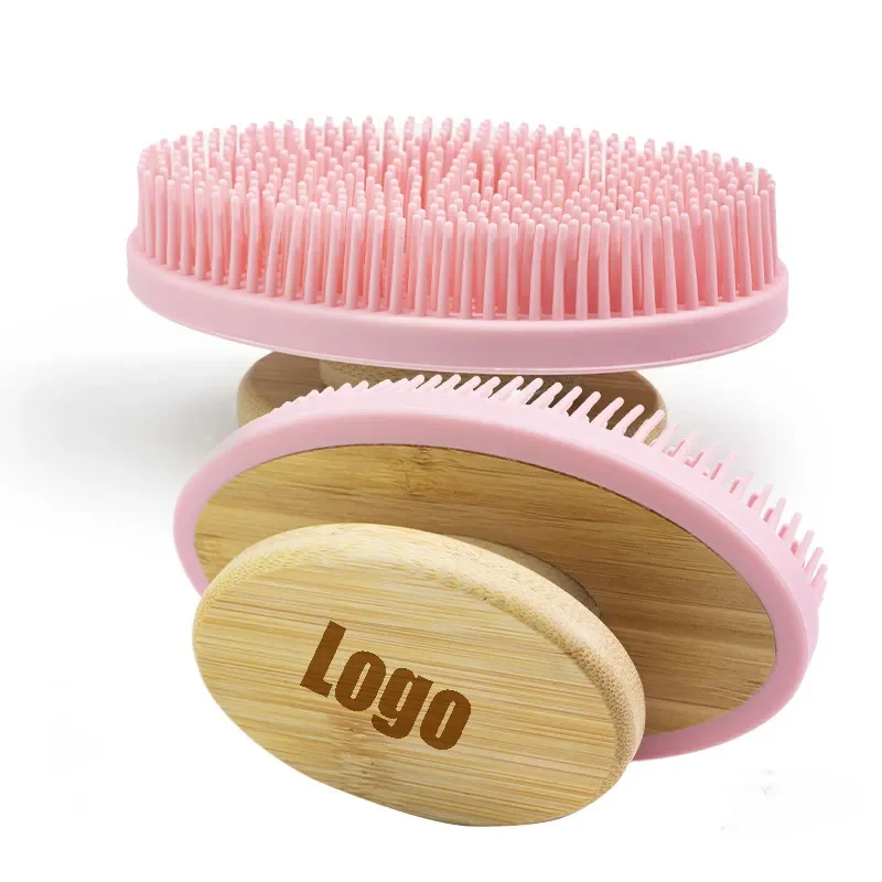 Private logo Bamboo Silicone Body head shampoo Scrubber Brush Shower Brush for Sensitive Skin of Man Woman Kids