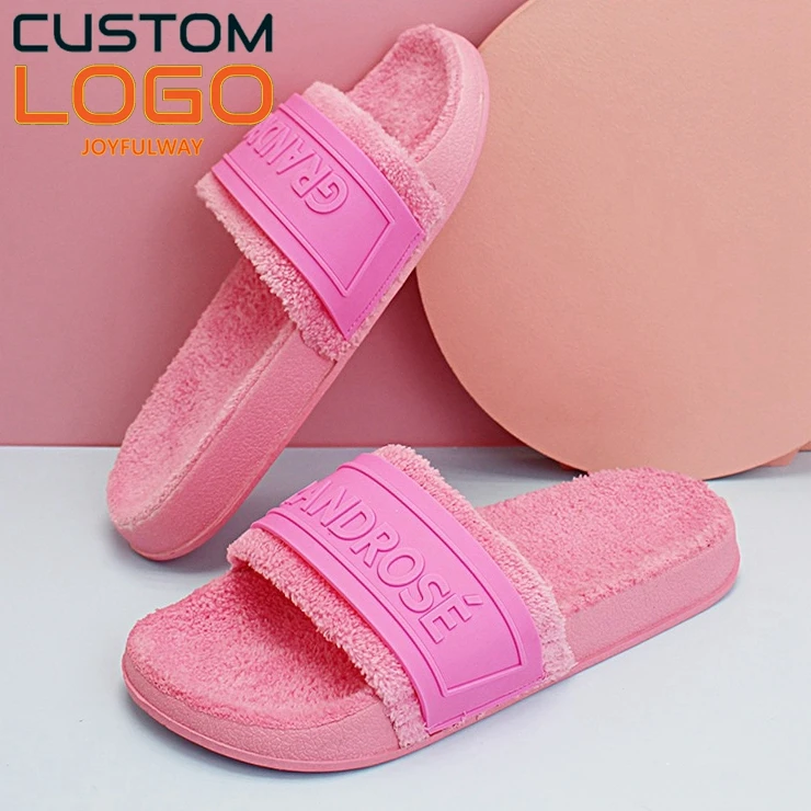 2022 custom logo furry slippers unisex, PVC plush sports indoor outdoor rubber slides slippers custom
