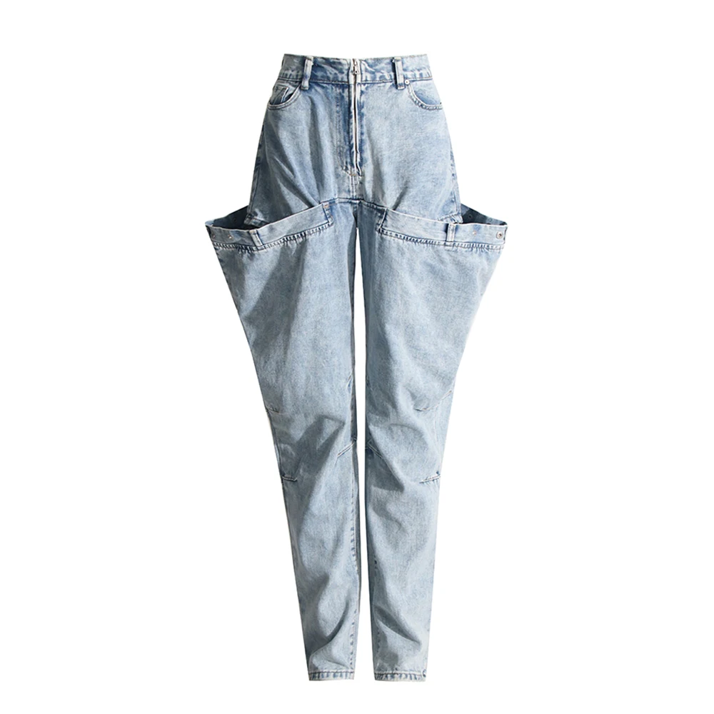 TWOTWINSTYLE Irregular Hollow Out Denim Jeans High Waist Patchwork Zipper Casual Pant For Women