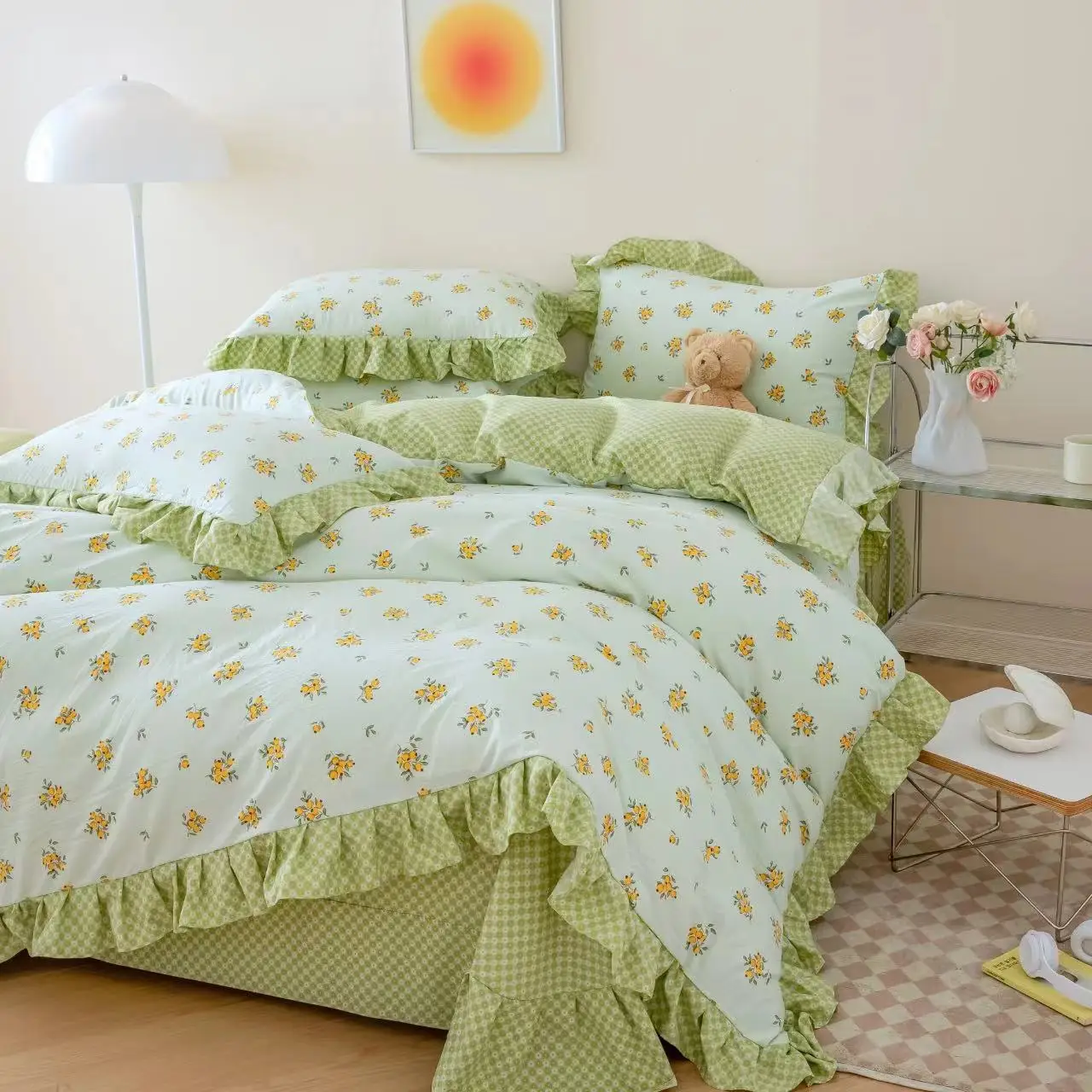 Floral Sheets 4pcs Cotton Skin-friendly Bed Sheets & Pillowcase & Duvet Cover Sets & Quilt Cover King Size