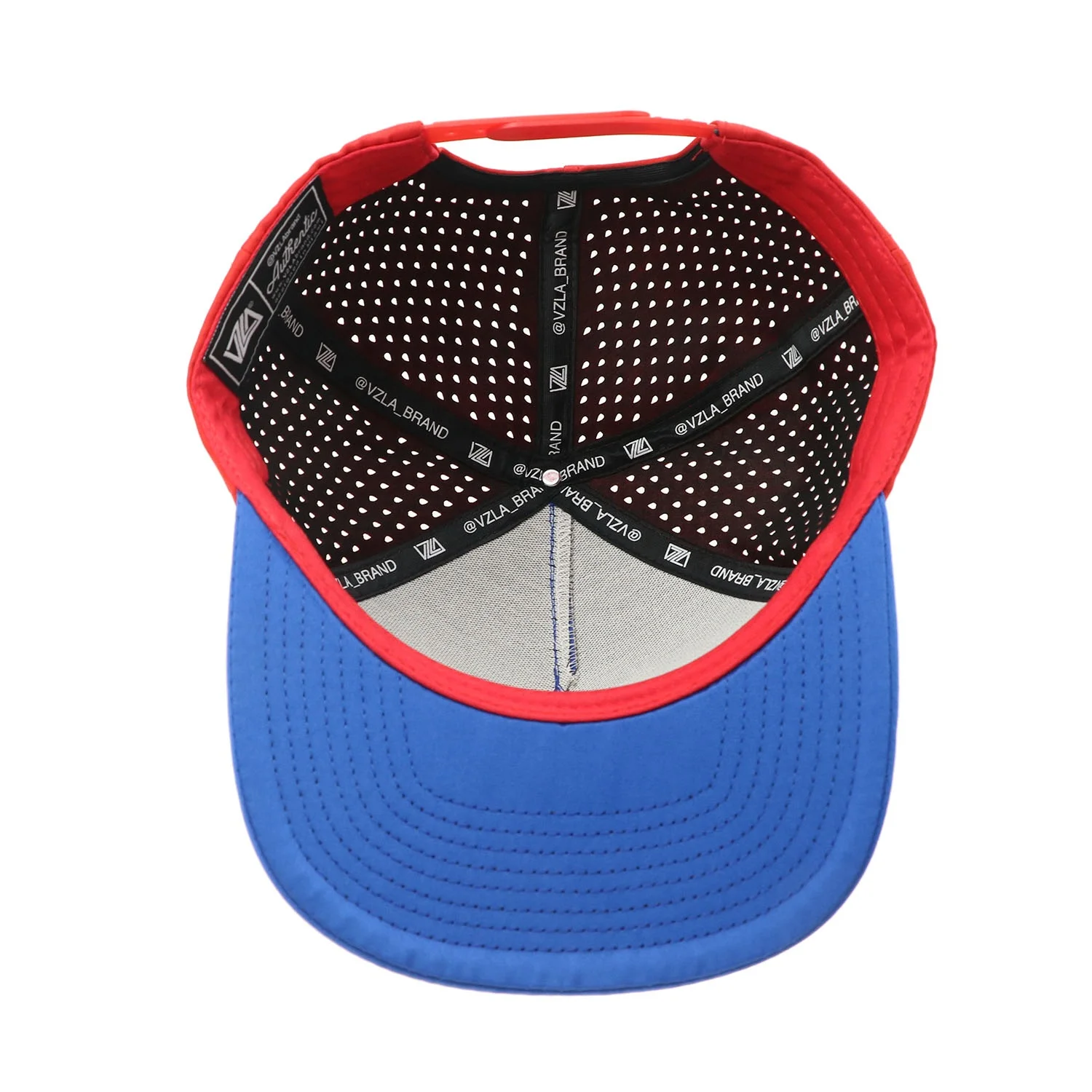 Custom 5 Panel Rubber Patch 3D Embroidery Logo Laser Cut Drilled Hole Perforated Hat Two Color Red/Navy Blue Baseball Cap