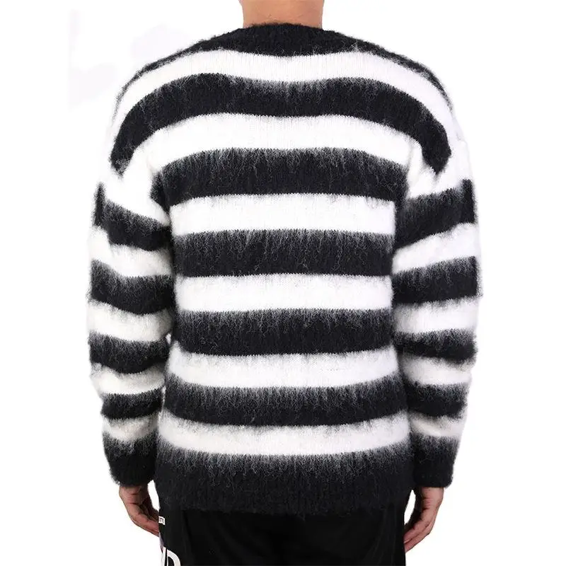 Knitwear merino wool  sweater Custom Stripe pull Mohair woollen Men Sweater Fuzzy  Knit Pullovers Jacquard Fur Wool Sweater M