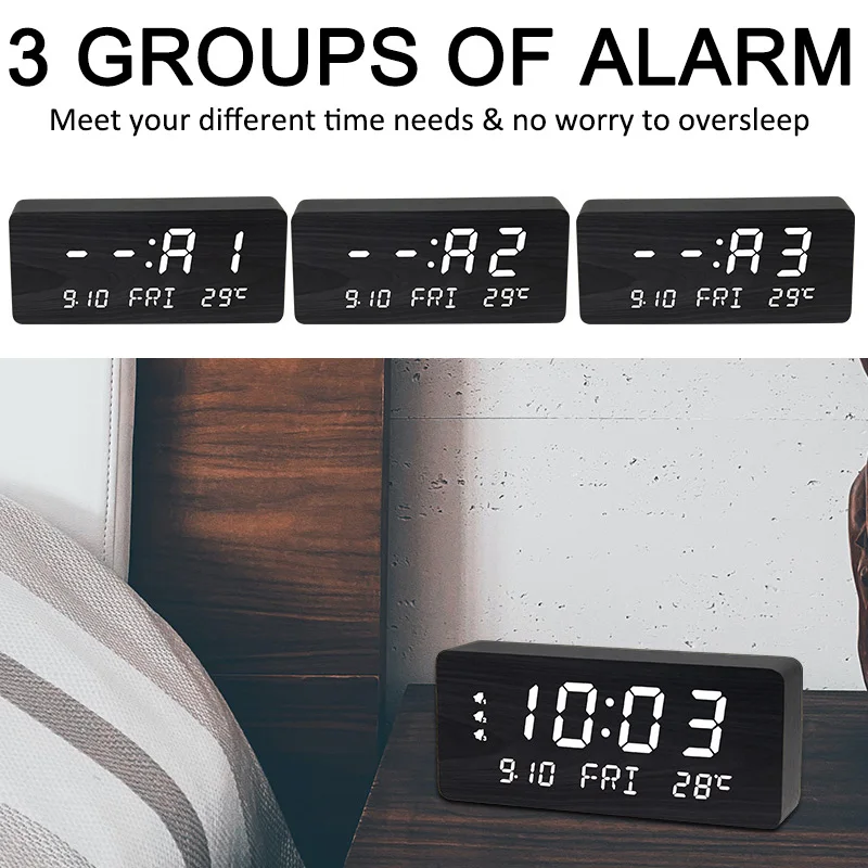 Minimalist Digital LED Alarm Clock Wooden Table Clock for Home Decor Office Use Displays Time Day Calendar Temperature