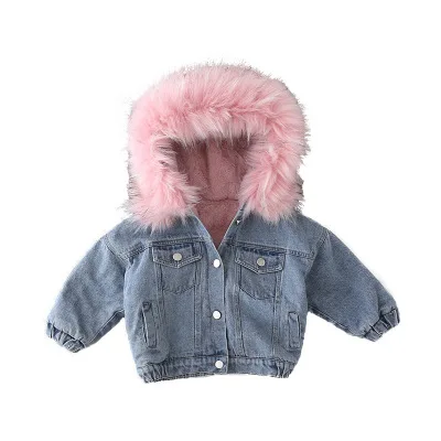 
Toddler Kids Baby Girls Jean Jacket Hooded Coat Faux Fur Fleece Warm Thick Denim Jacket Coat Outwear Long Sleeve Pocket Overcoat 