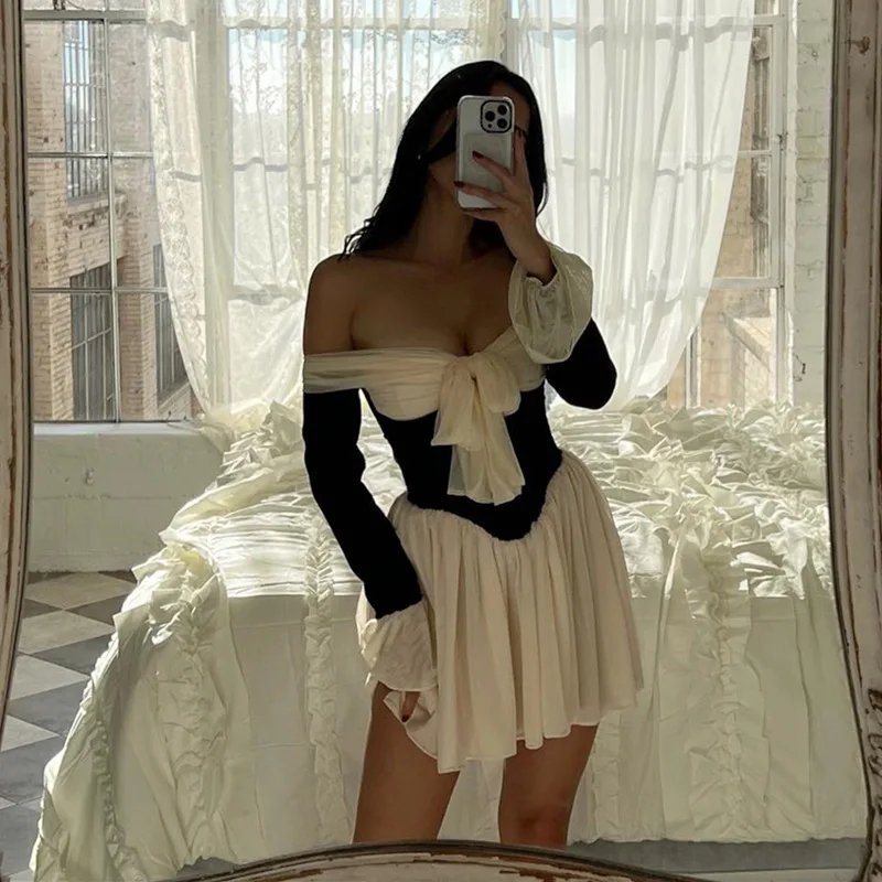 IHOOV Off-Shoulder French Court Style lady elegant clothing Casual Chic women Short Skirt Dress