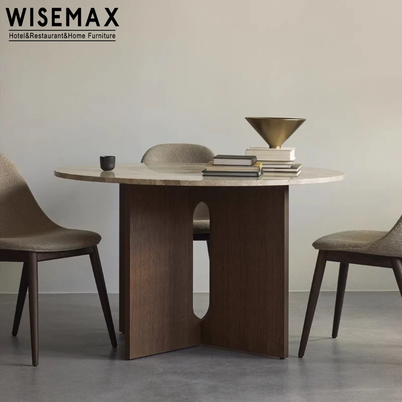 WISEMAX FURNITURE Classic style home furniture stable solid wood terrazzo round walnut dining table and chairs for dining room