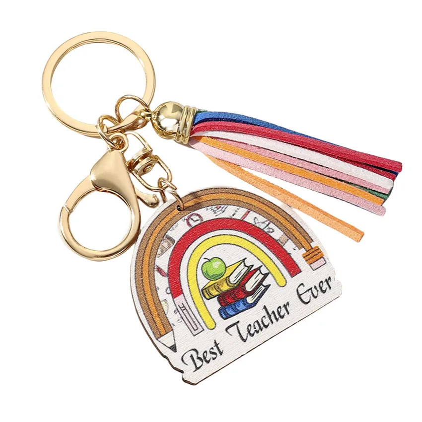 Popular Rainbow Wooden Tag Tassel Keychain Creative Wood Keychains Teacher Keychain For Graduation Season Gifts