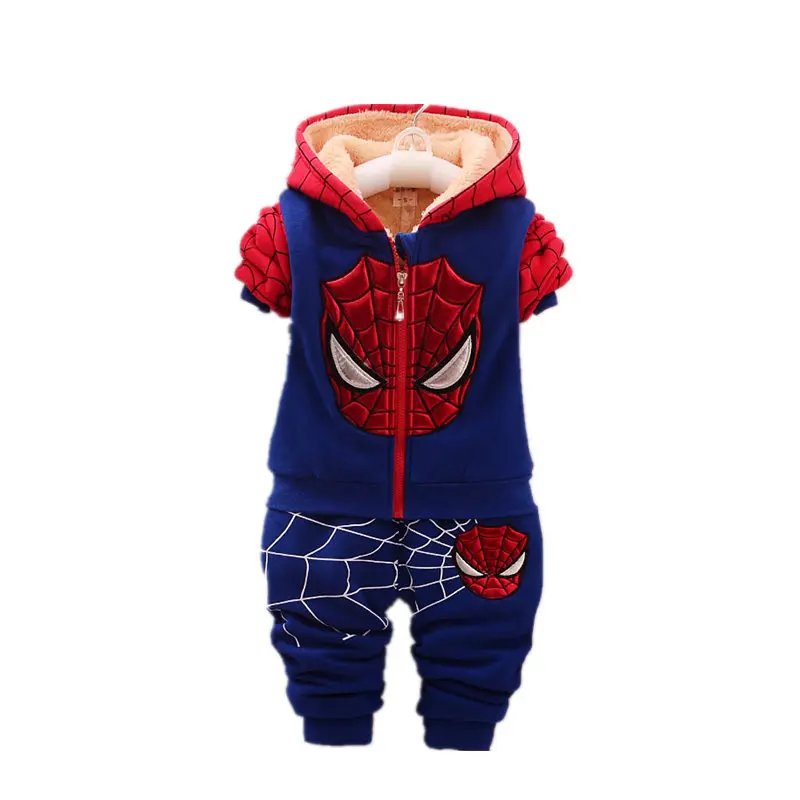 Autumn Winter Spiderman Baby Boy Sweatshirt Zipper Hoodies+Pant Plus Velvet Thicken Warm Children Outfits Costume Kids Clothes
