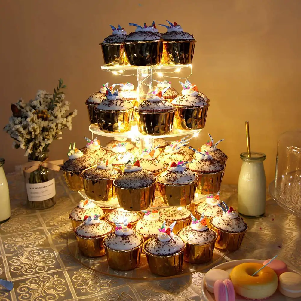 4 Tier Clear Acrylic Cupcake Dessert Cake Display LED Light Stand