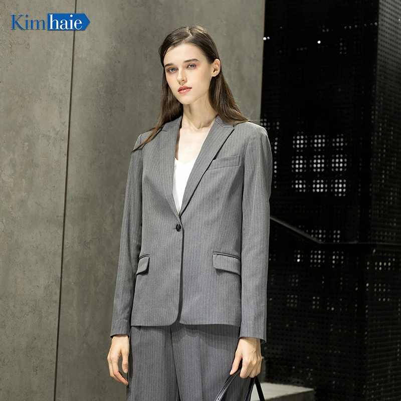 
2021 New fashion Ladies grey stripe single breasted business suit daily wear light suit 