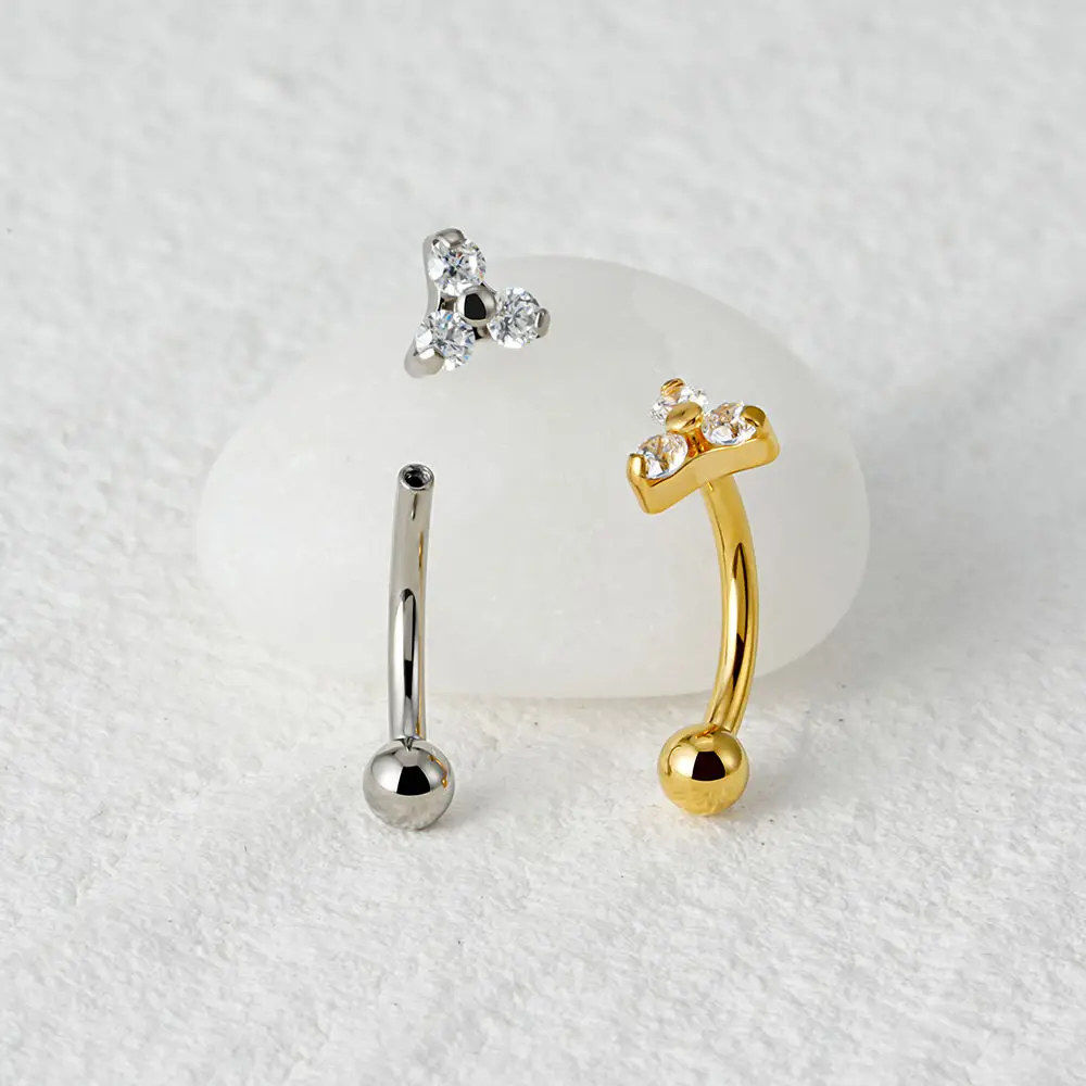ASTM F136 Titanium 16G Triple CZ Flower Curved Barbell Rook Earring Eyebrow Cartilage Navel Ring Stud Piercing Jewelry