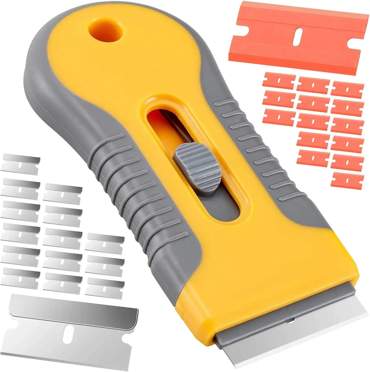 Razor Blade Scraper,  Plastic Retractable Glass Scraper with Extra Razor Blades, Windshield Sticker Remover