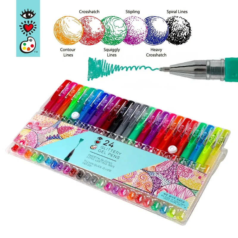 24 Artist Glitter Colour Gel Pens with Extra More Ink