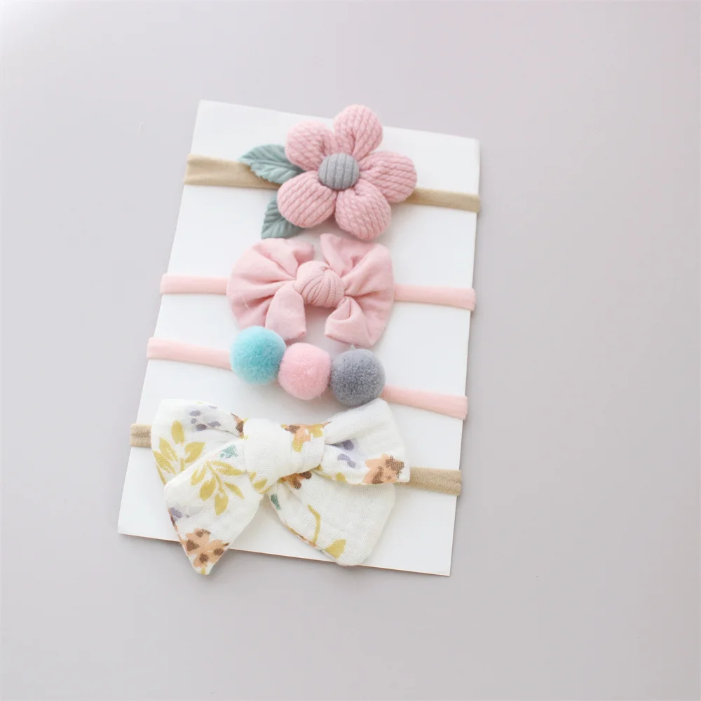 4pcs One Set Baby Flower Headbands Bows For Girls Cotton Pompom Elastic Hair Bands Newborn Knot Hairband Kids Accessories