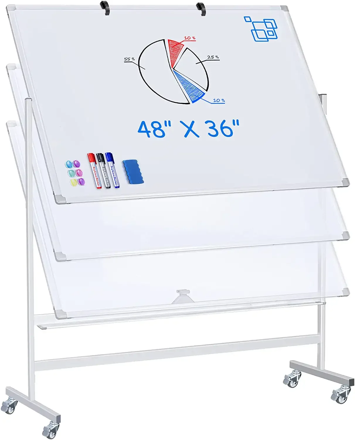 Large Mobile Whiteboard Height Adjustable, maxtek 48 x 36 inches Rolling White Board Magnetic Whiteboard with Stand Double-Sided