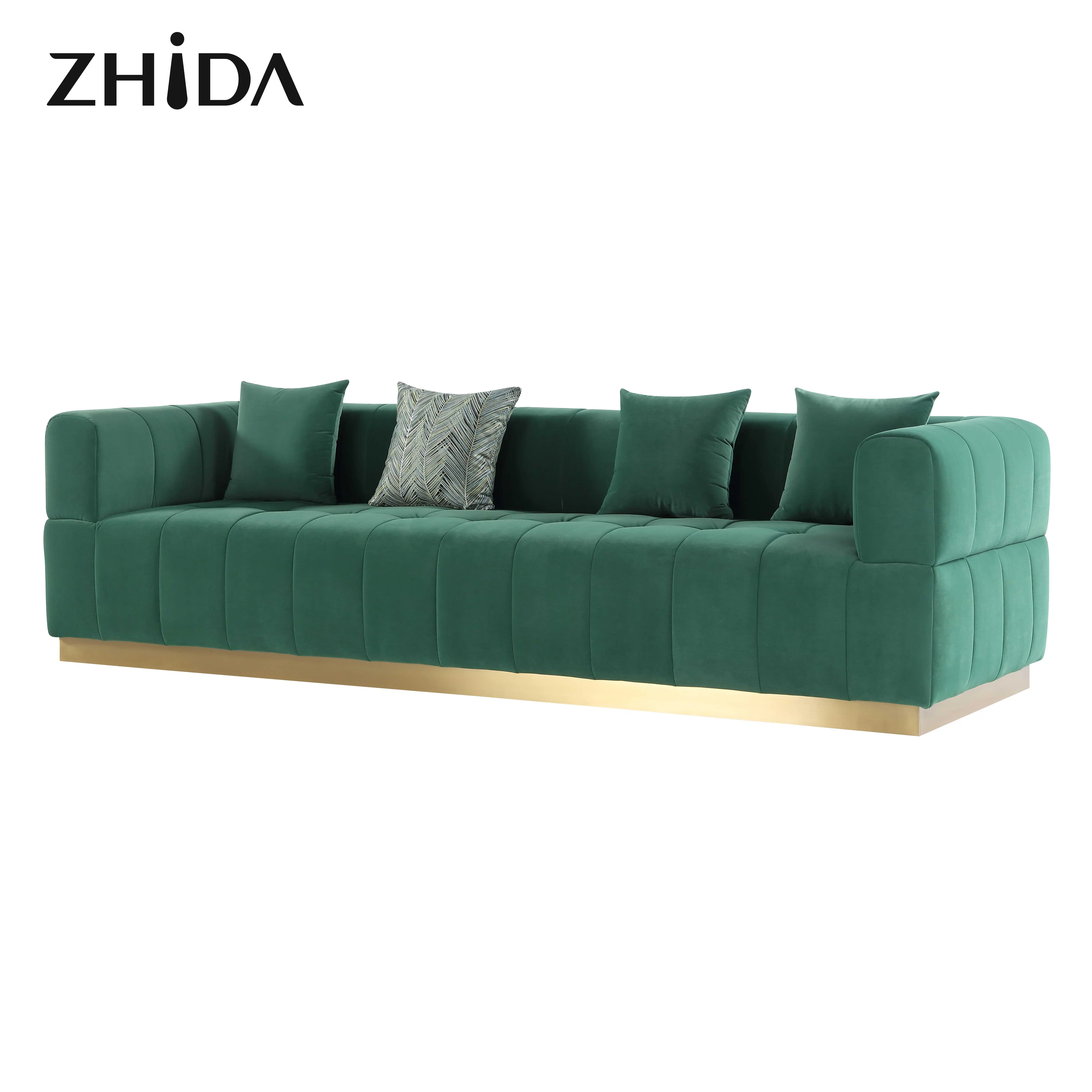 Zhida Hot sale home furniture Italian luxury designed 2 3 4 seat sofa set furniture living room velvet sofa with gold leg