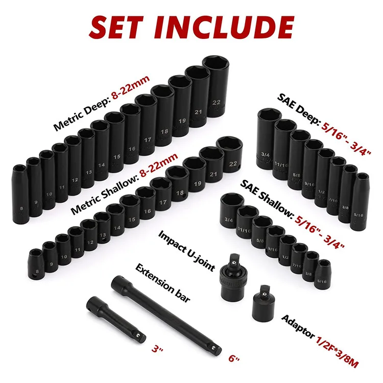 Automotive Socket Set Cr-V Steel Other Hand Tools 48 Piece Standard SAE and Metric Sizes Socket Set Metric