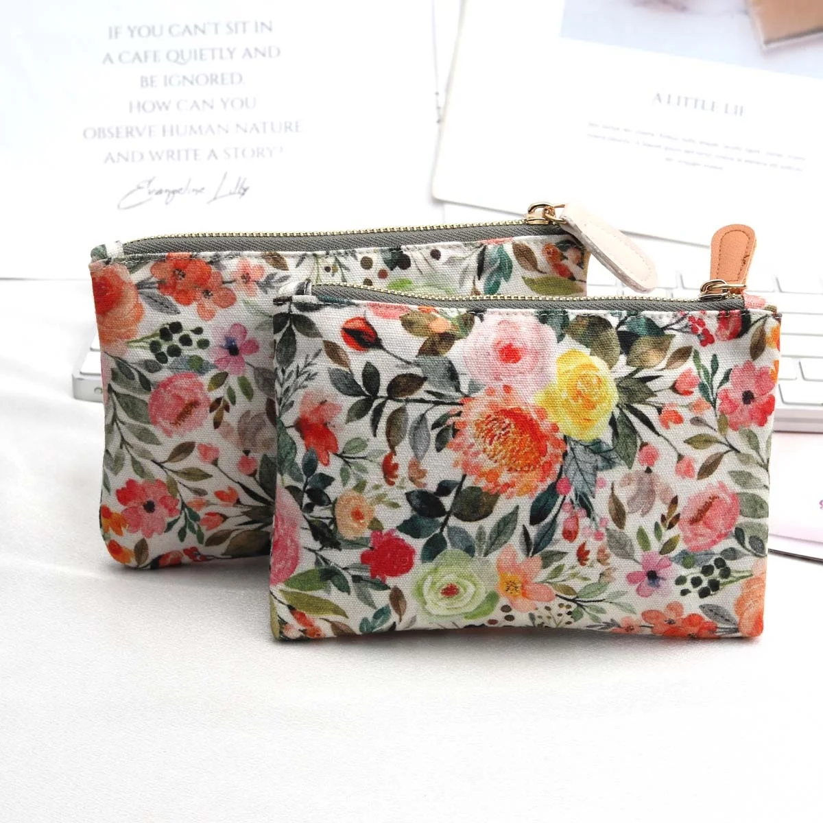 Wholesale Digital Canvas Zipper Cosmetic Pouch Custom Size Cotton Canvas Coin Pocket Money Zipper Bag