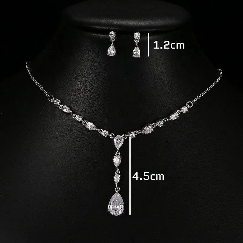 Elegant Women Wedding Jewellery Silver Plated Clear CZ Crystal Water Drop Diamond Bridal Necklace Earrings Jewelry Sets