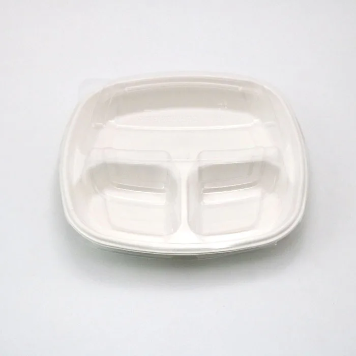 disposable sugarcane bagasse food tray with plastic cover lid