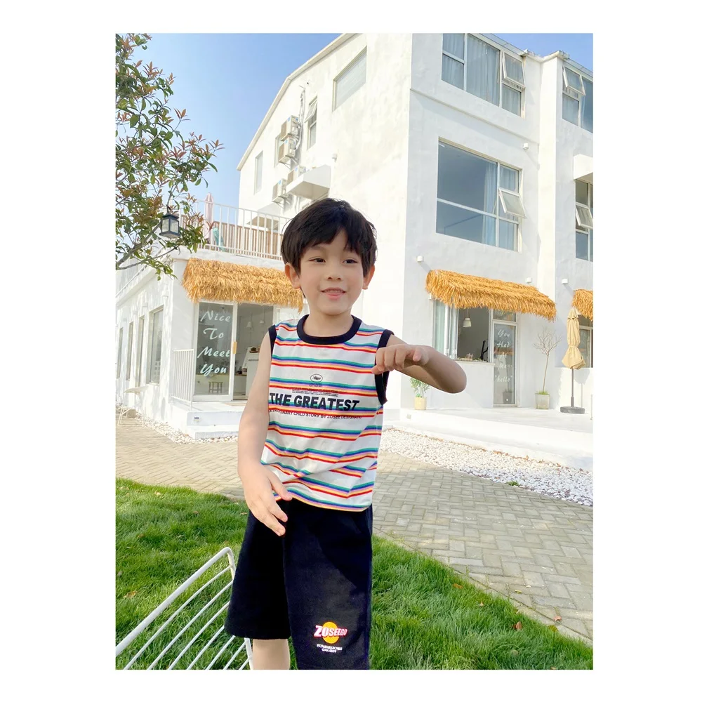 
Factory Supply Colourful 100% Cotton Fabric Summer Comfortable Boys Striped Vest  (1600241281589)