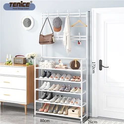 Tenice Hall Tree Coat and Shoe Rack for Entryway, 3-in-1 Design, 5 Tiers Stackable Non-Woven Fabric Storage Organizer