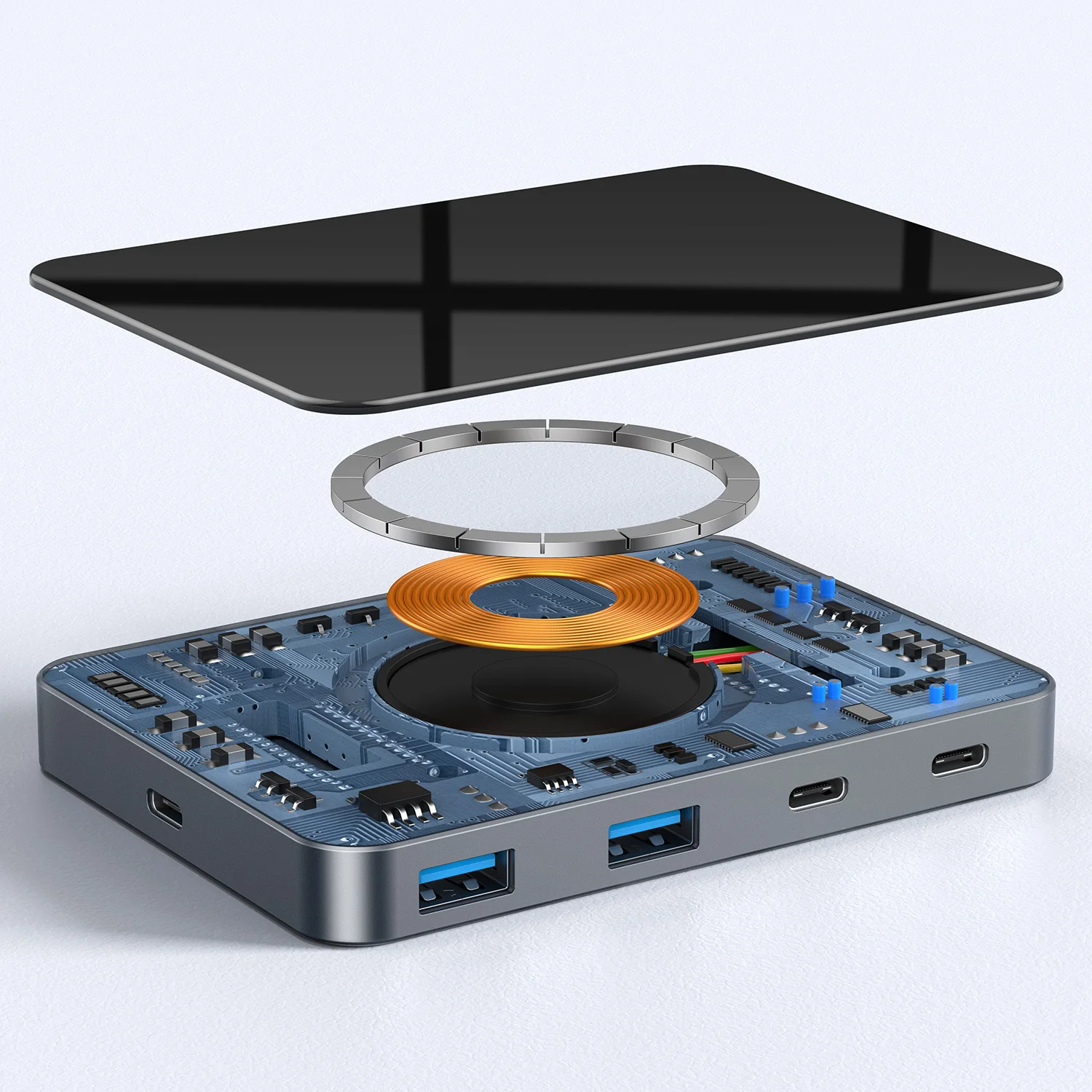 8in1 USB C Hub 5Gbps Type C Docking Station 15W Wireless Fast Charging TF/SD Card Reader QC/PD Power Inlet For Phone Computer