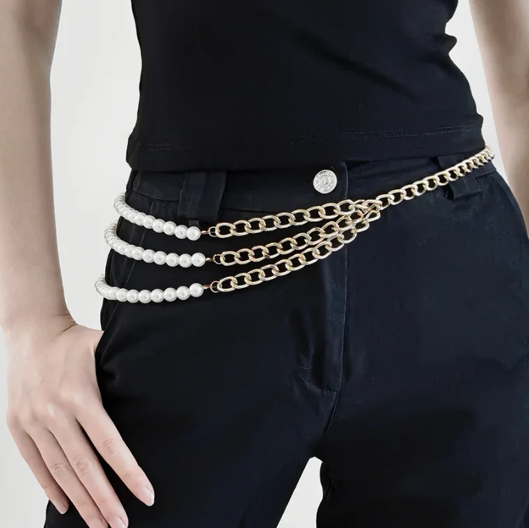 Multi-layer Pearl Metal Chain Waist Belt Body Chain Belly Dance