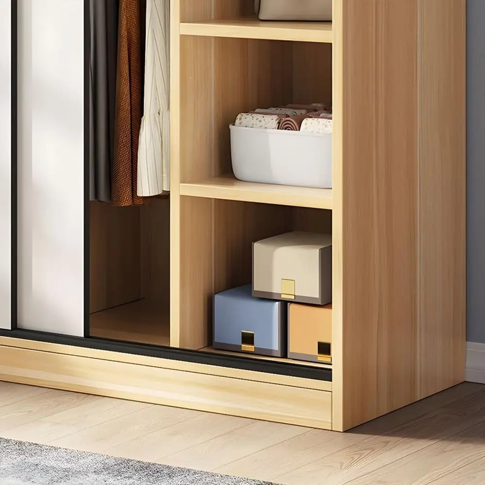 Wooden Minimalist Modern Functional Bedroom Clothes Cabinet with Shelves and Clothing Rods for Bedroom Storage