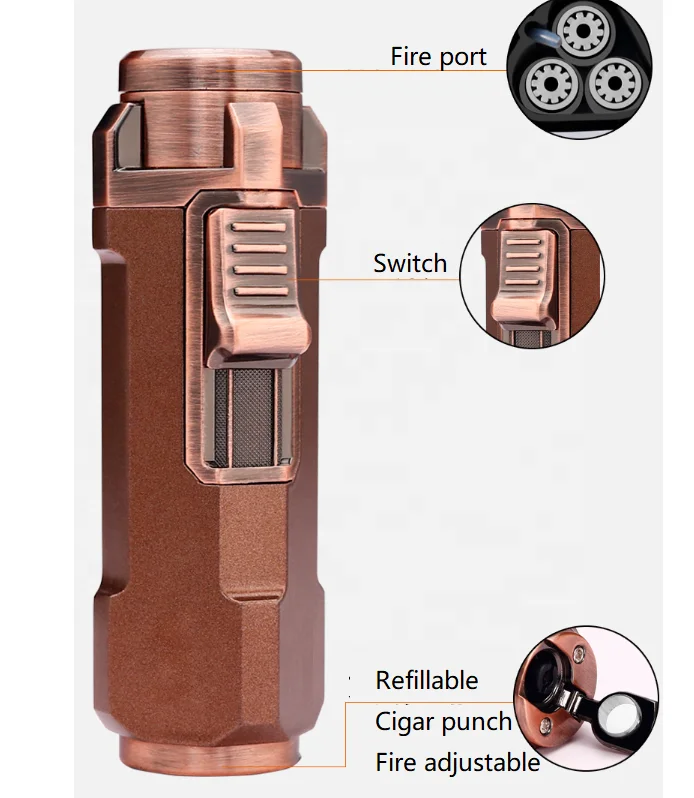New Wholesale Metal Triple Jet Flame Butane Refillable Torch Lighter with Cigar Punch Cutter for Smoking Accessories