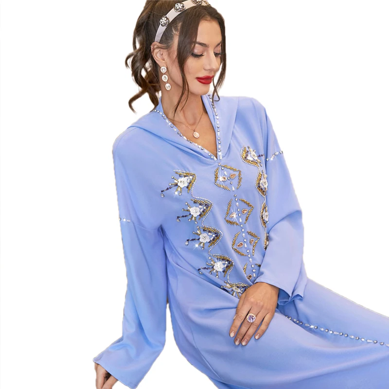 Арабская Исламская одежда abaya Дубай мусульманское женское платье светло-голубое ручной работы с цветочным бисером Толстовка Макси