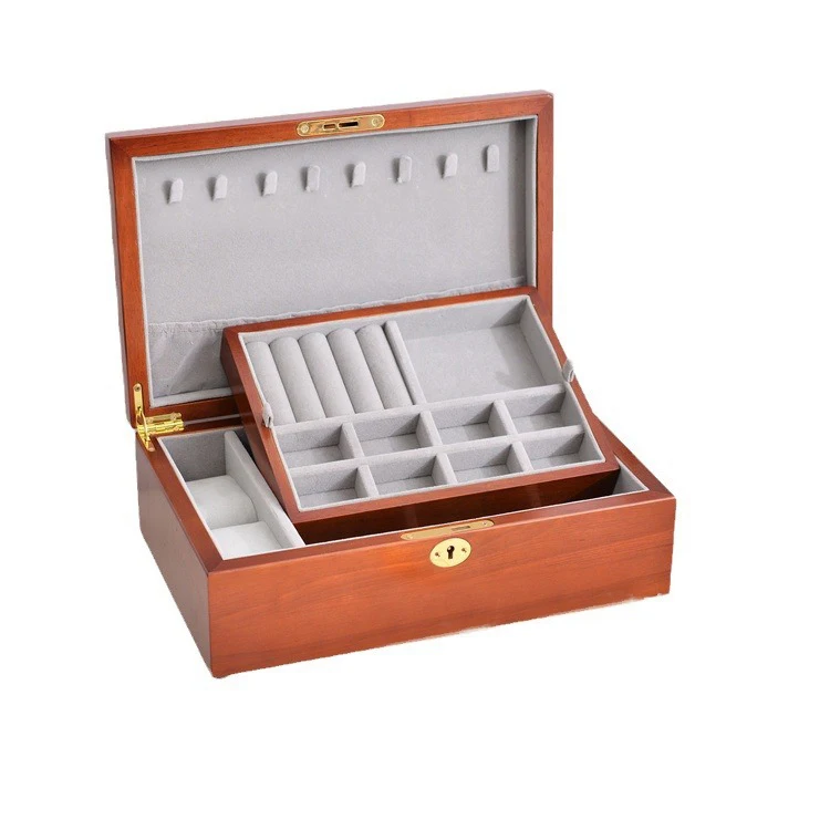 Pine solid wood jewelry storage boxes Flannelette jewelry ring earrings hand jewelry case Three gold Large capacity wooden box
