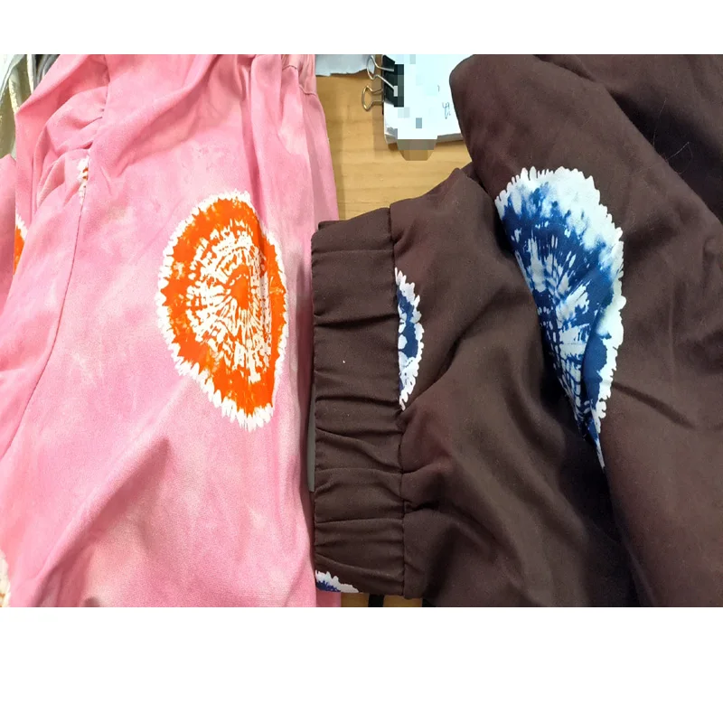 orange pink blue brown tie die design print spandex cotton fabric