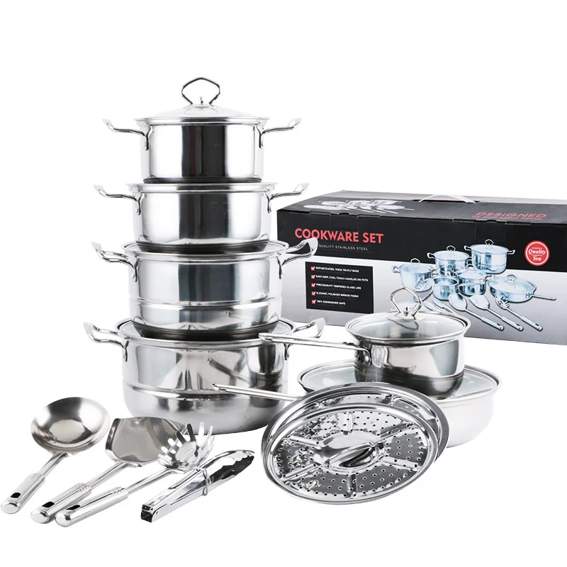 Stainless Steel 18Pcs Kitchen Cookware Set Cooking Pots & Pans with Glass Cover Cookingware Set
