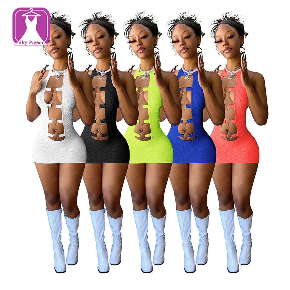 Women Sexy Backless Mini Dress Hollow Out Metal Ring Ties Bodycon Dresses Summer Pineapple Grid Halter Dress