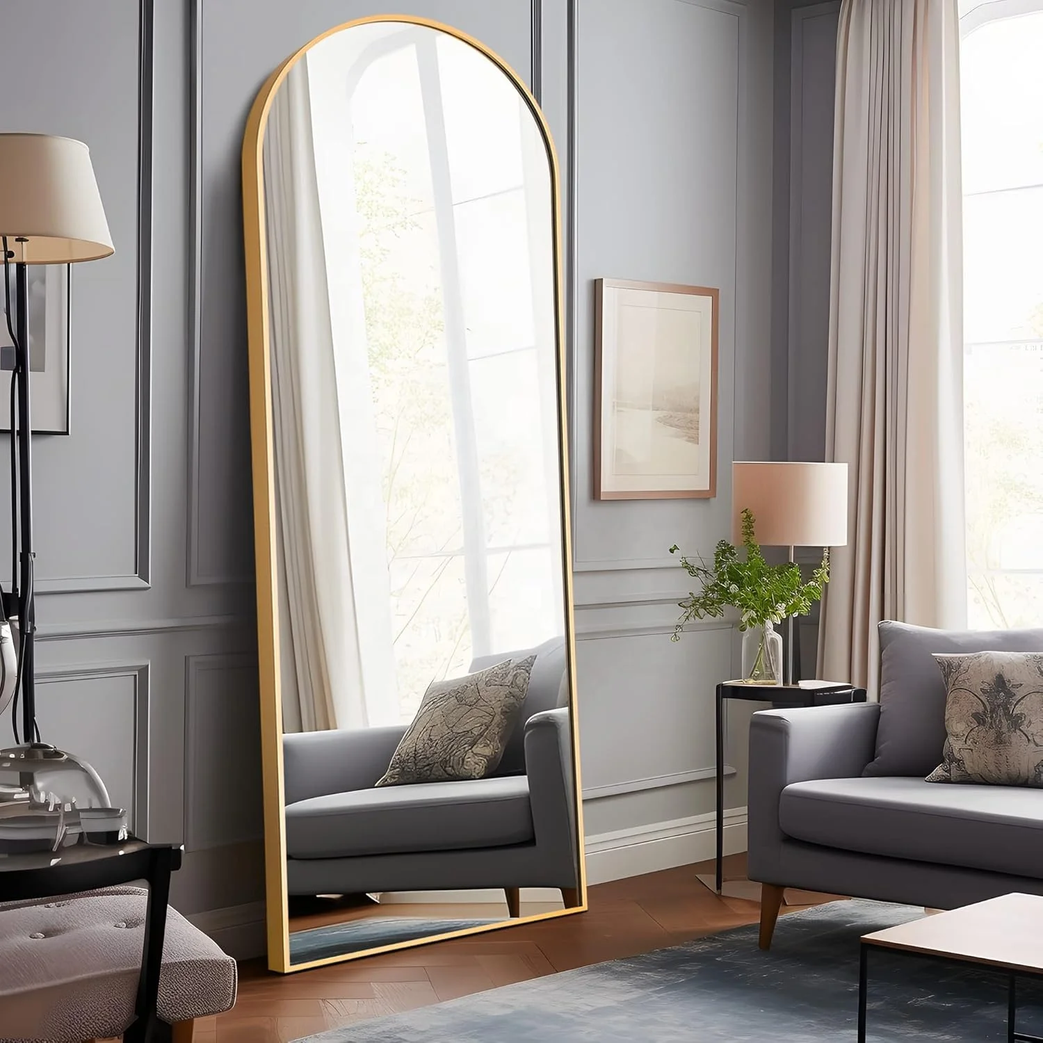 Gold arch and round framed design long large floor mirror full length body standing wall living room mirror glass wholesale