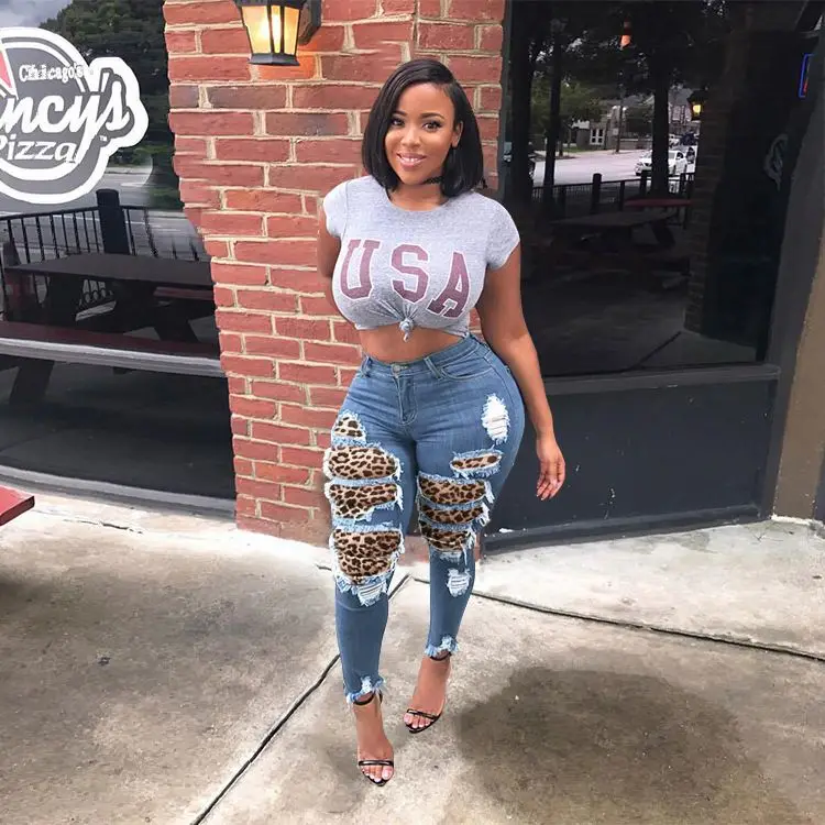 
New Fashion Style In Stock sexy leopard patch skinny rip jeans women plus size 