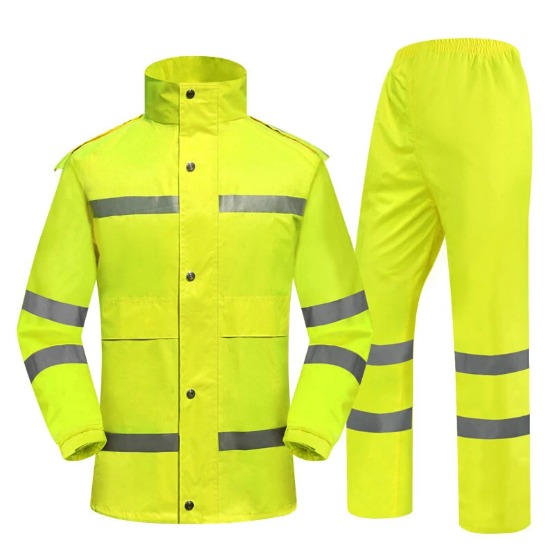 Custom Fluorescent Yellow Two Pieces Fashion Water Proof Pvc Coating Men Reflective Raincoat